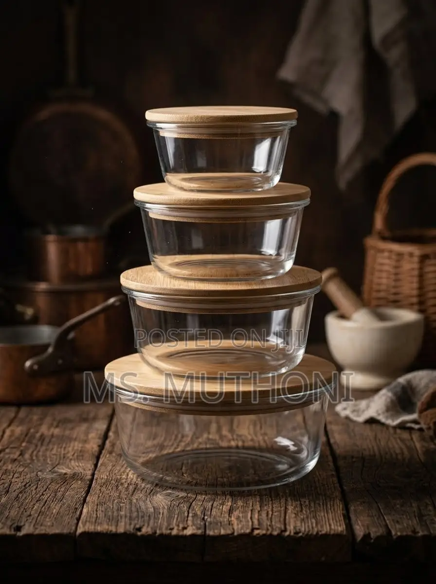 Round  4 PCs Eco-Friendly Glass Containers Ft Airtight Bamboo Lids.
