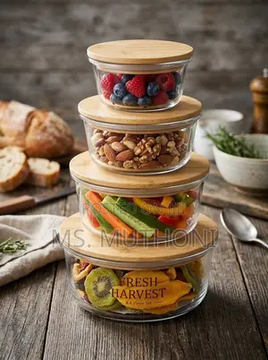 Round  4 PCs Eco-Friendly Glass Containers Ft Airtight Bamboo Lids.