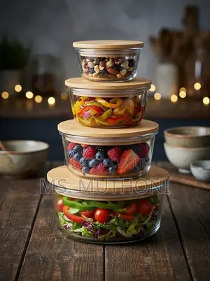 4pcs Round Meal Prep / Storage Glass Containers Set Ft Bamboo Lids