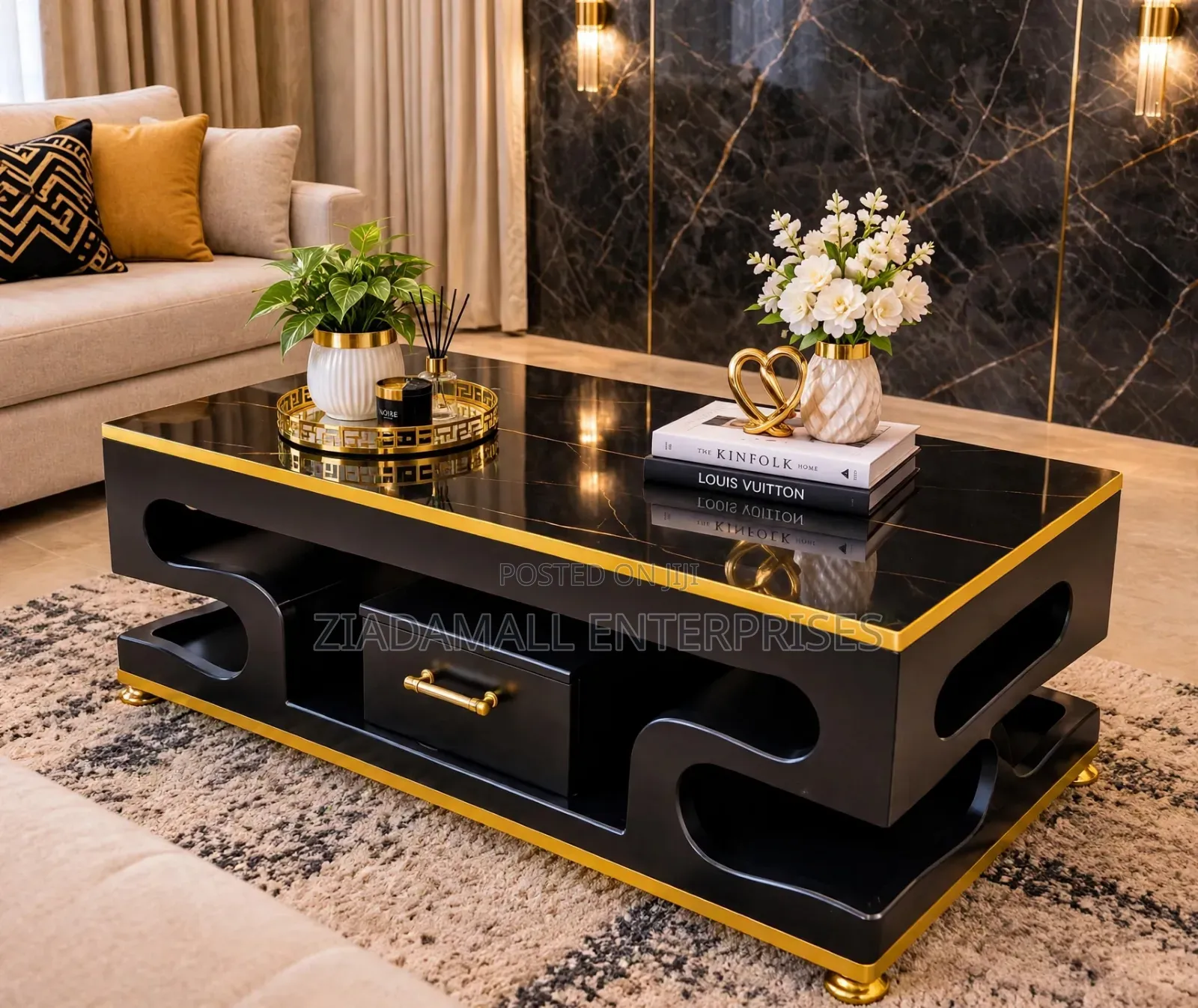 Executive Black Coffee Table - Marble Top Gold Trim Luxury - New