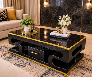 Executive Black Coffee Table - Marble Top Gold Trim Luxury - New