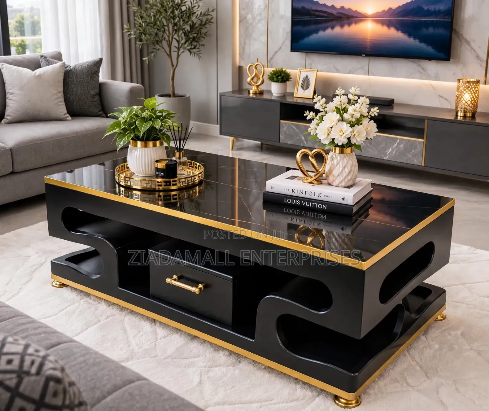 Executive Black Coffee Table - Marble Top Gold Trim Luxury - New