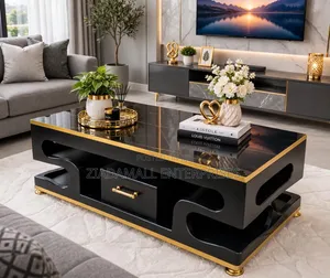 Executive Black Coffee Table - Marble Top Gold Trim Luxury - New