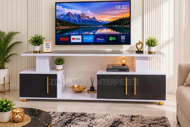Istanbul 2 Modern TV Stand With LED Lights - Black White Gold New