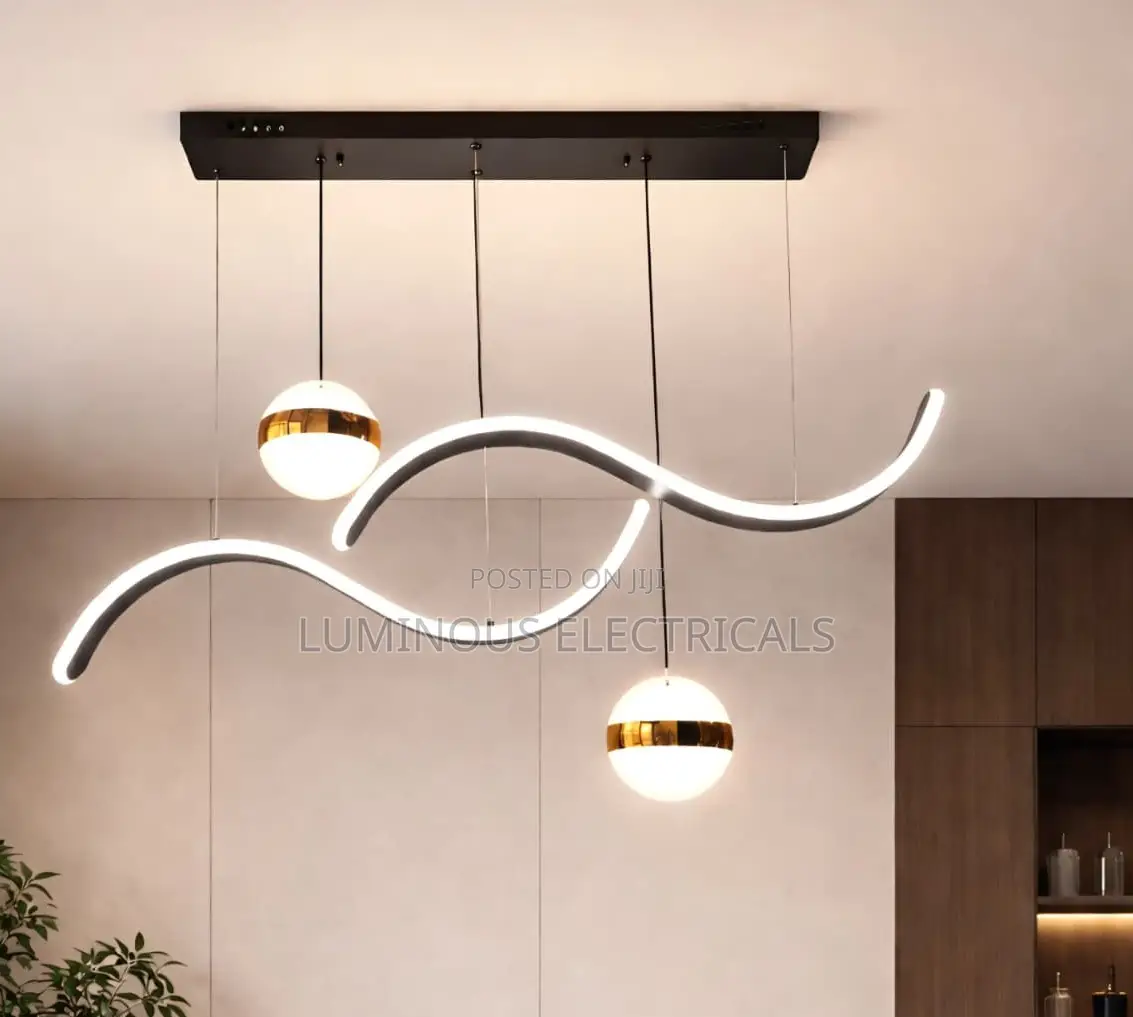 Modern LED Wave Pendant Chandelier With 2 Gold Globe Lights