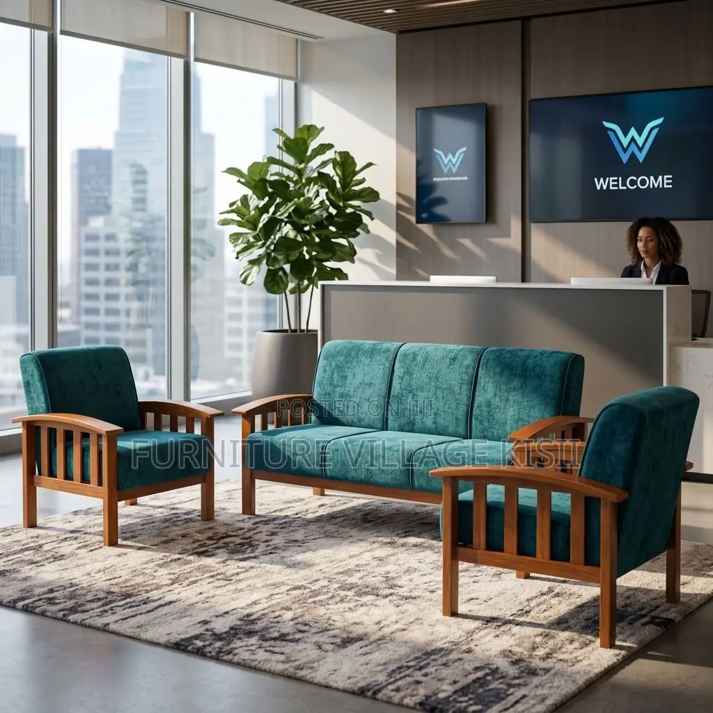Blue Fabric Open Office Reception Sofa ,5-Seater