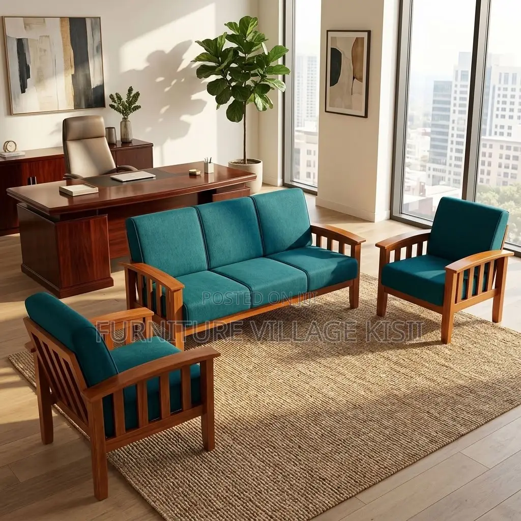 Blue Fabric Open Office Reception Sofa ,5-Seater