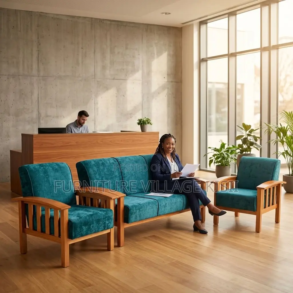 Blue Fabric Open Office Reception Sofa ,5-Seater