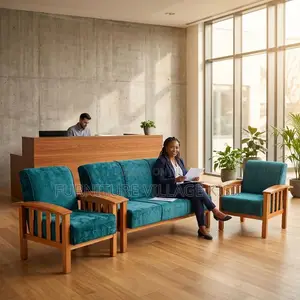 Blue Fabric Open Office Reception Sofa ,5-Seater