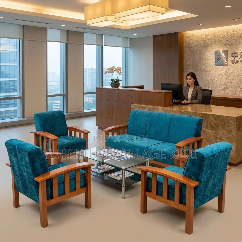 Blue Fabric Open Office Reception Sofa ,5-Seater