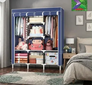 Metallic Wardrobe 3 Doors - Blue Fabric Closet Storage - New