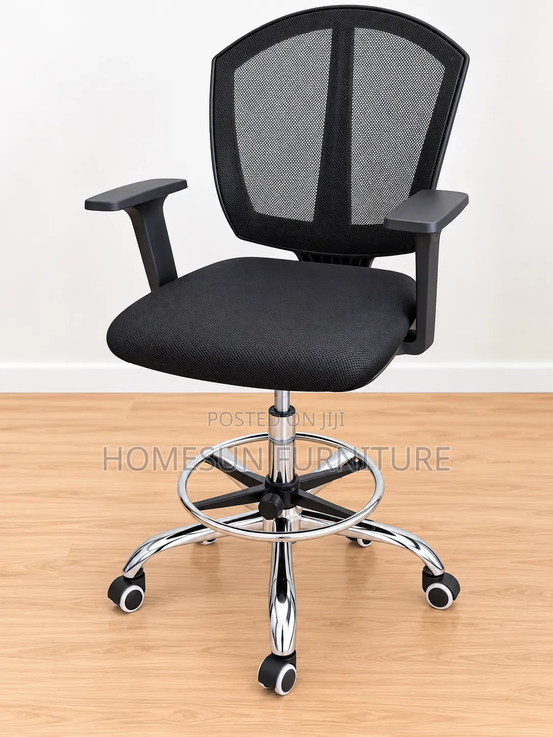Drafting Chair – Black Mesh With Chrome Base and Footrest