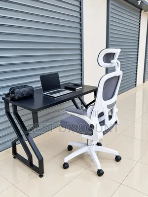 Modern Office Desk With Ergonomic Office Chair – Black, White & Brown