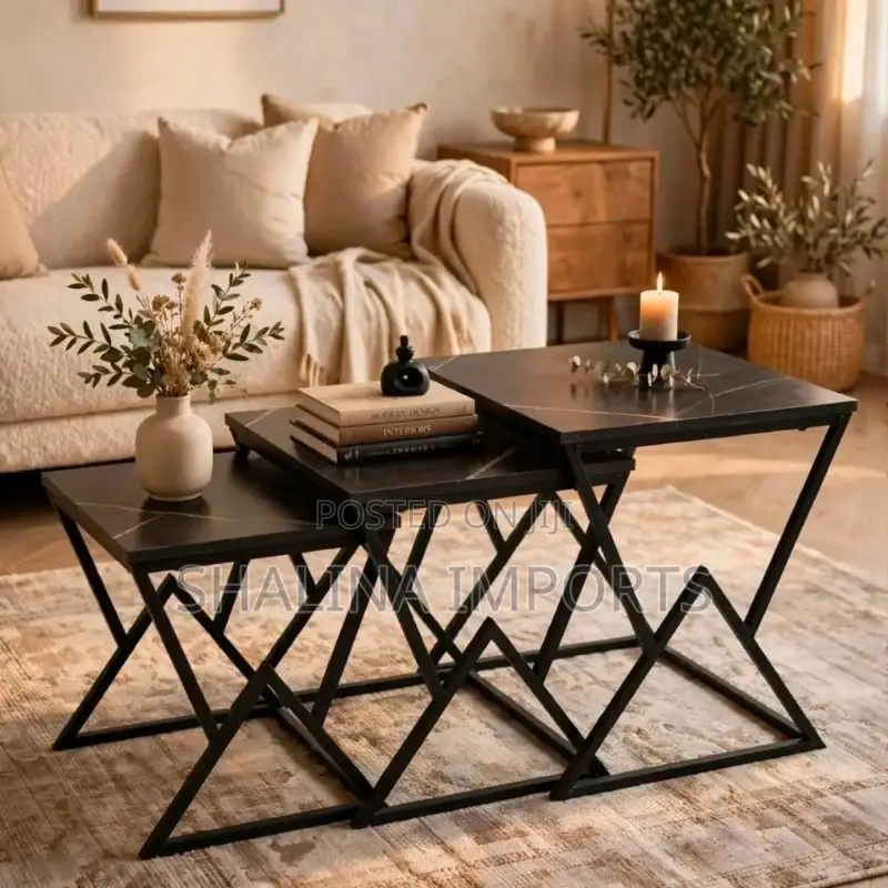 Modern Nesting Coffee Table Featuring Black MDF With Marble Effect