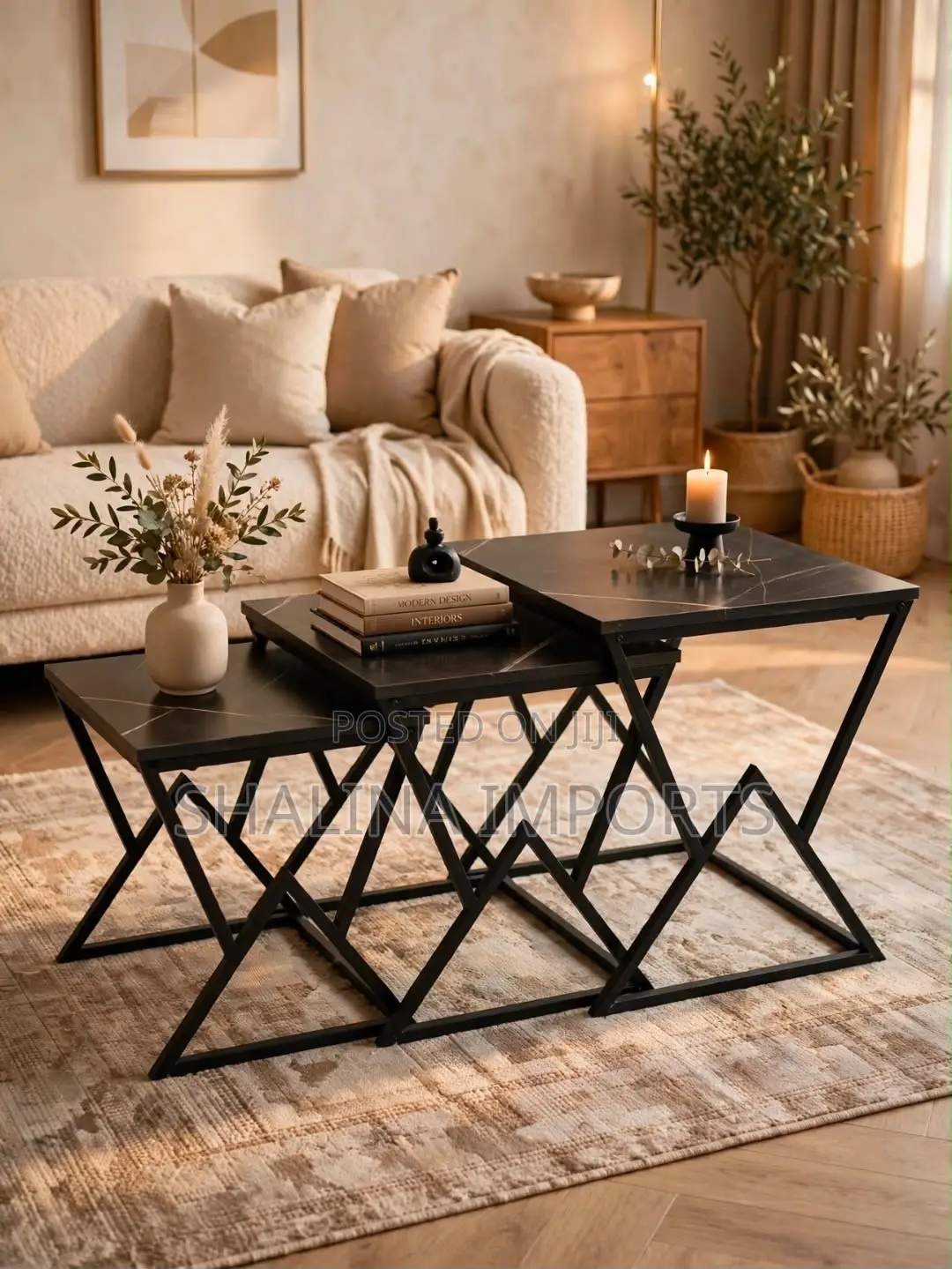 Modern Nesting Coffee Table Featuring Black MDF With Marble Effect