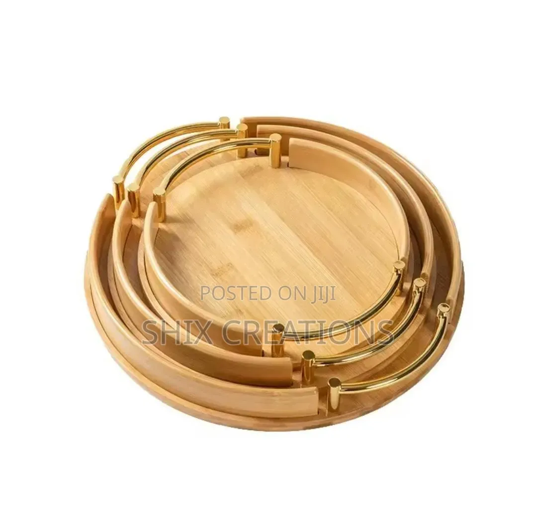 3 in 1 Multipurpose Bamboo Serving Tray With Gold Handle
