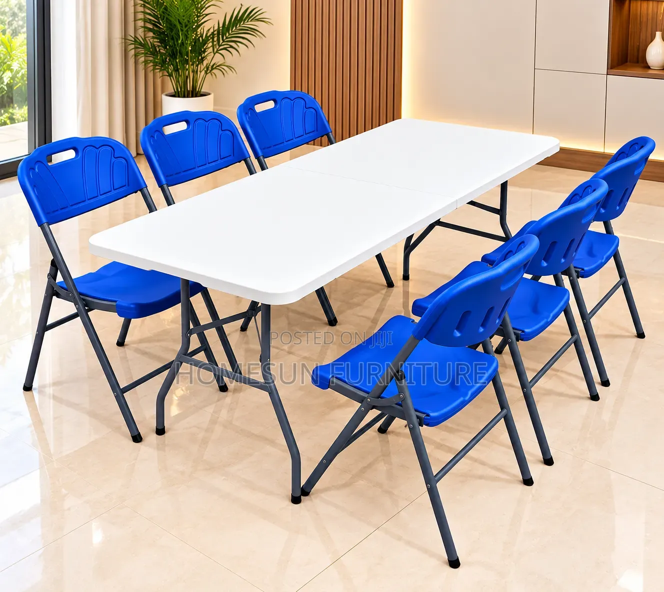 Folding Table With 6 Blue Chairs – Meeting & Dining Set
