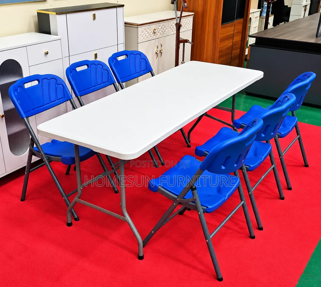 Folding Table With 6 Blue Chairs – Meeting & Dining Set