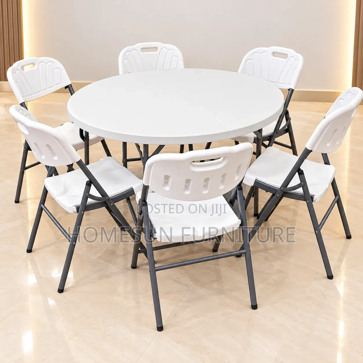 Round Folding Table With 6 White Chairs