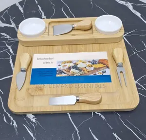 Bamboo Cheese Board & Cutlery Set With 2 Ceramic Dips