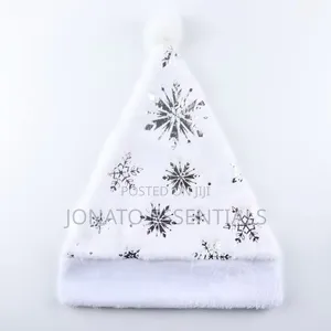 Plush White Christmas Santa Hat Silver Snowflake Holiday Cap
