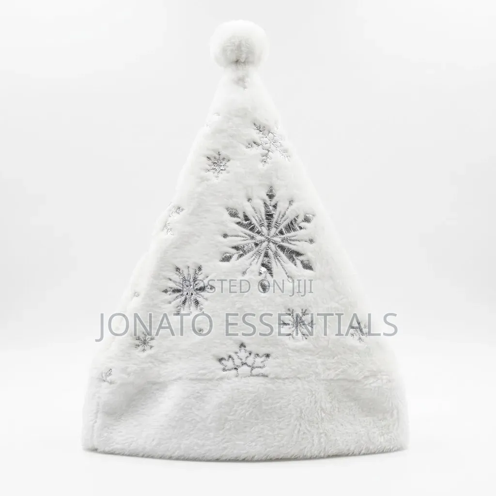 Plush White Christmas Santa Hat Silver Snowflake Holiday Cap
