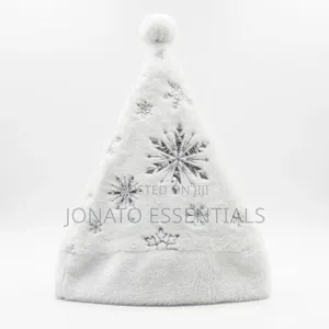 Plush White Christmas Santa Hat Silver Snowflake Holiday Cap