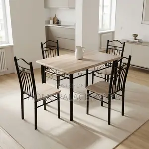 Dining Set; 4-Seater Wooden Top Dining Set With Metallic Frame