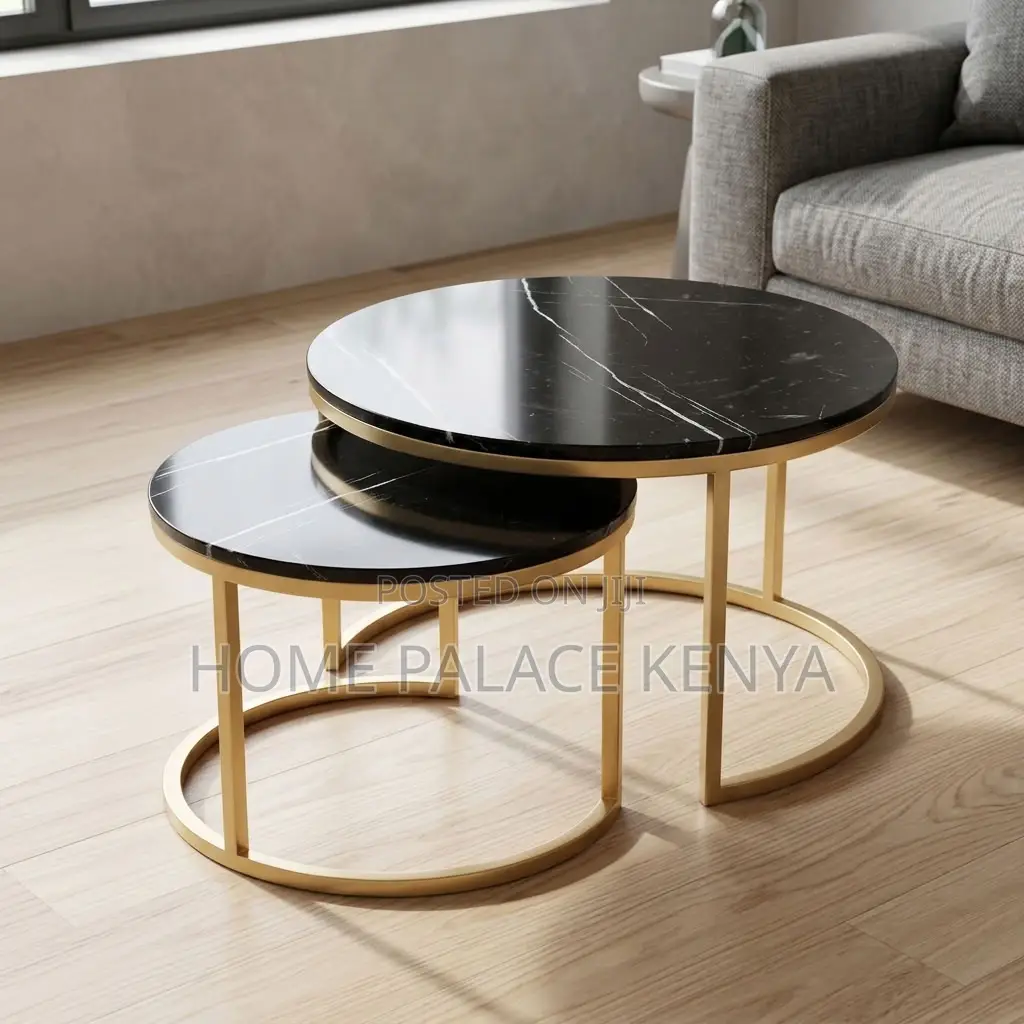 Coffee Table; 2-Piece Glass Top Nesting Coffee Stools With Gold Legs