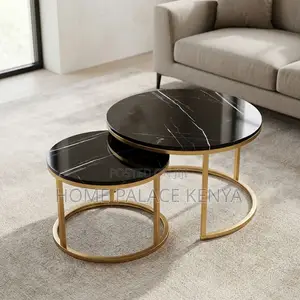 Coffee Table; 2-Piece Glass Top Nesting Coffee Stools With Gold Legs