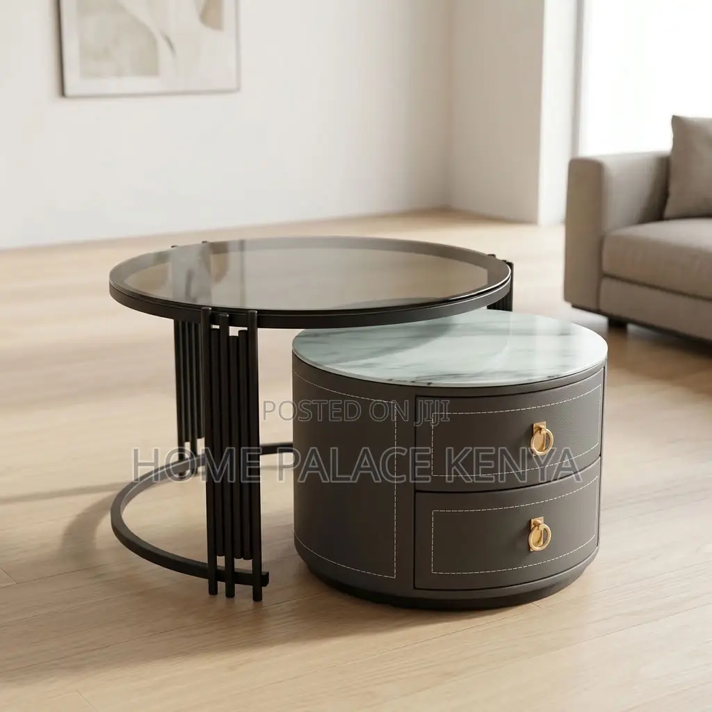 Coffee Table; 2-Drawer Round Nesting Table Set