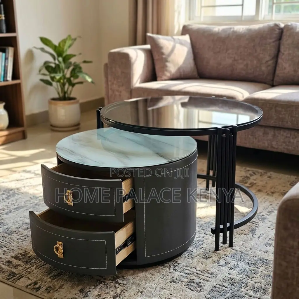 Coffee Table; 2-Drawer Round Nesting Table Set