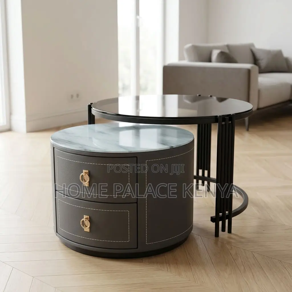 Coffee Table; 2-Drawer Round Nesting Table Set