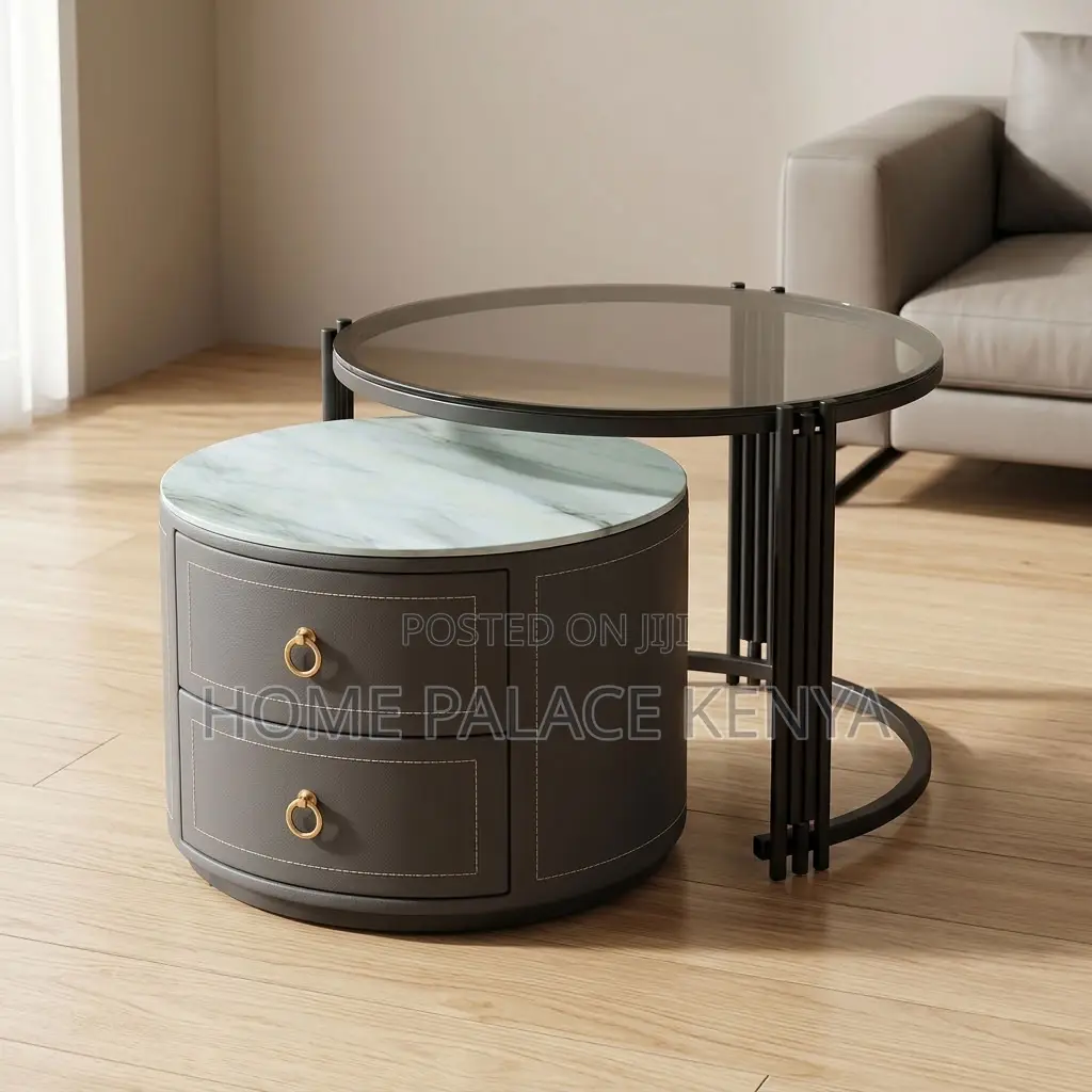 Coffee Table; 2-Drawer Round Nesting Table Set
