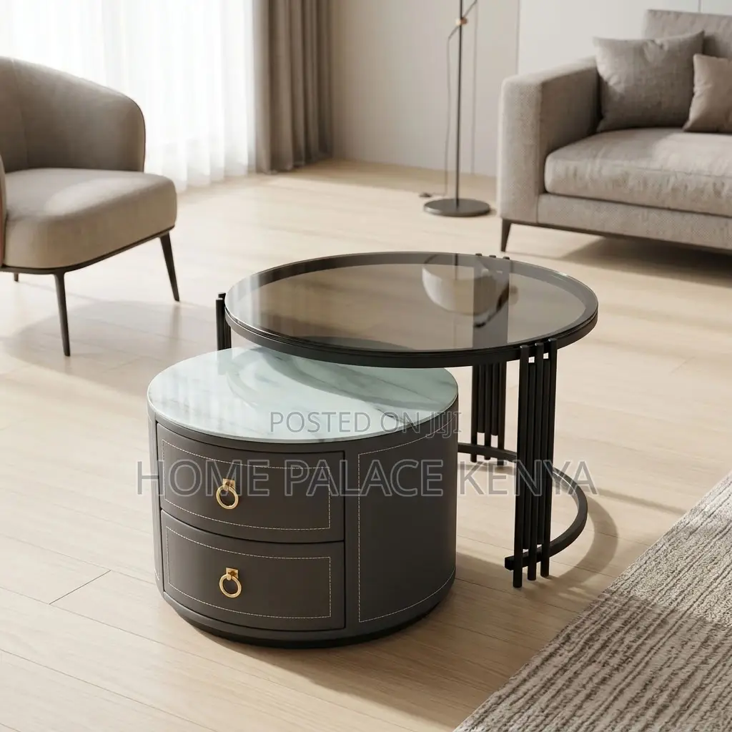 Coffee Table; 2-Drawer Round Nesting Table Set
