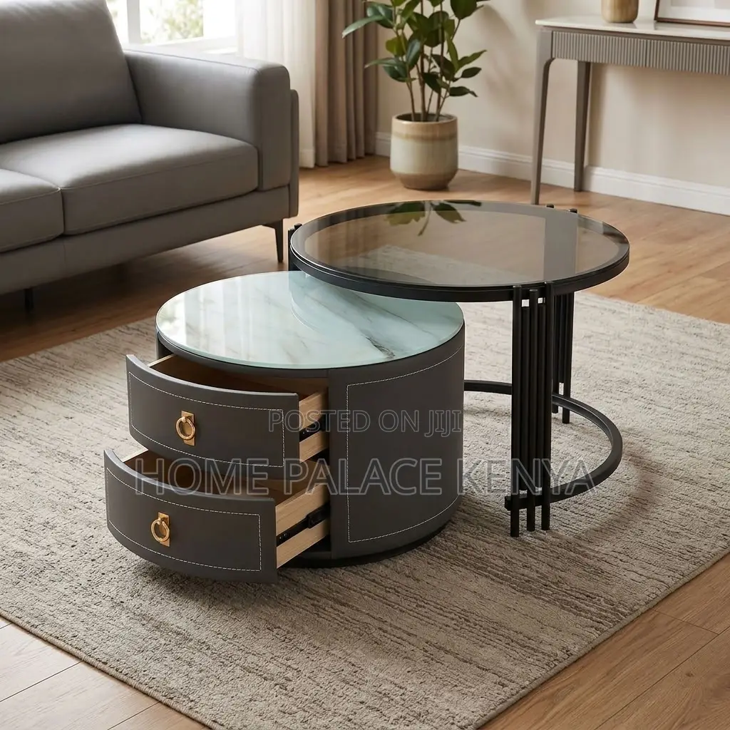 Coffee Table; 2-Drawer Round Nesting Table Set