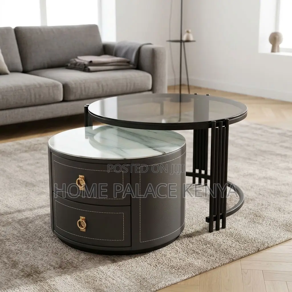 Coffee Table; 2-Drawer Round Nesting Table Set