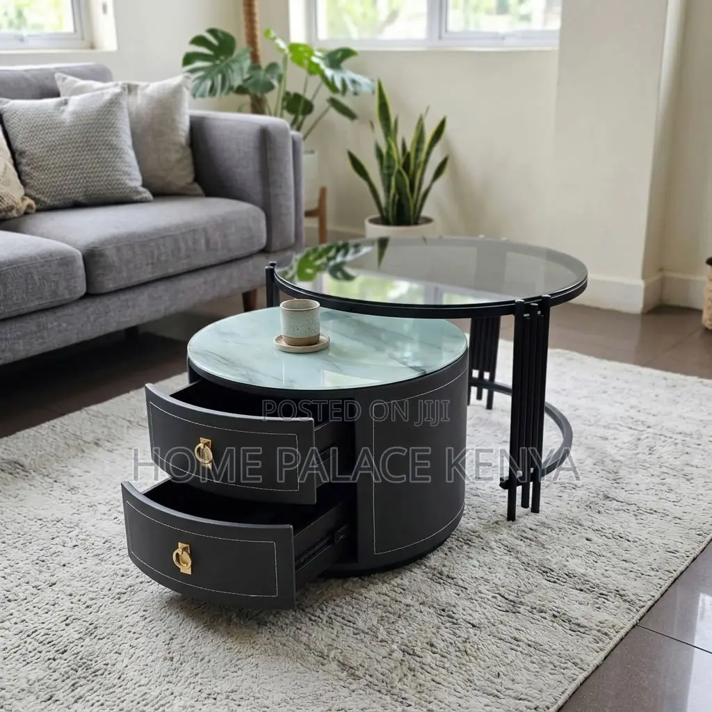 Coffee Table; 2-Drawer Round Nesting Table Set