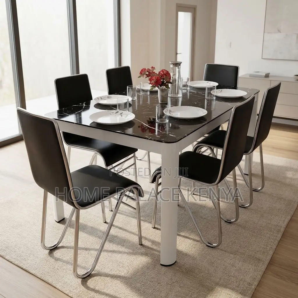 Dining Set; Glass Dining Table With 6 Leather Chairs