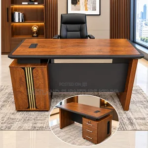Executive Wooden Office Desk With Black Finish & Storage Cabinet