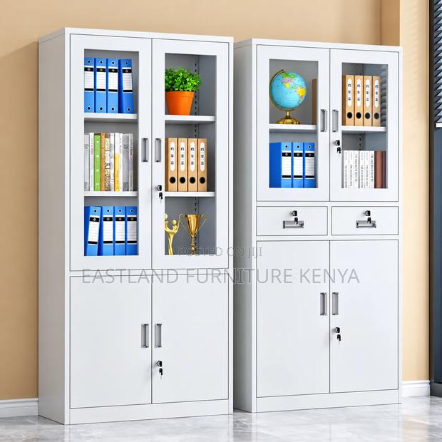 Modern White Steel Office Filing Cabinet With Glass Doors