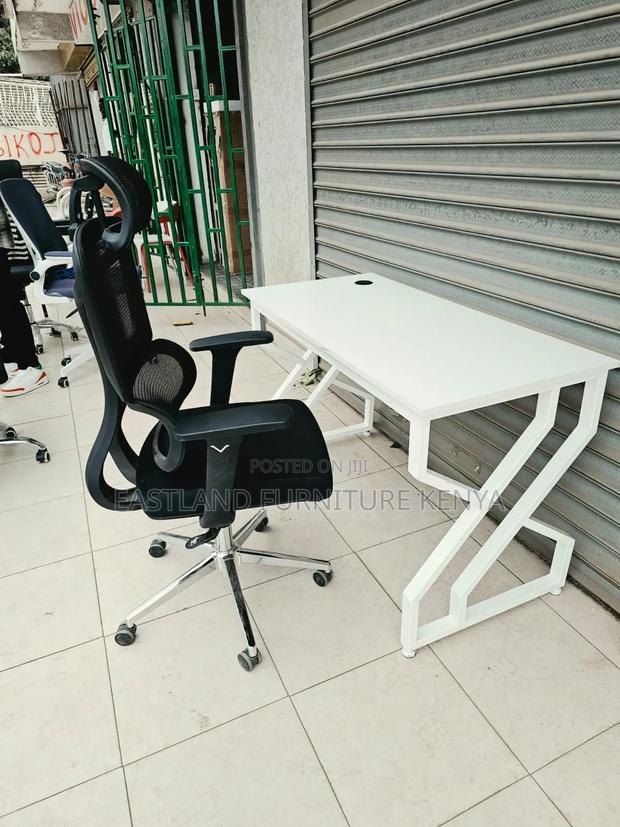 Modern White Office Desk With Premium Ergonomic Mesh Chair
