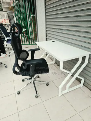 Modern White Office Desk With Premium Ergonomic Mesh Chair