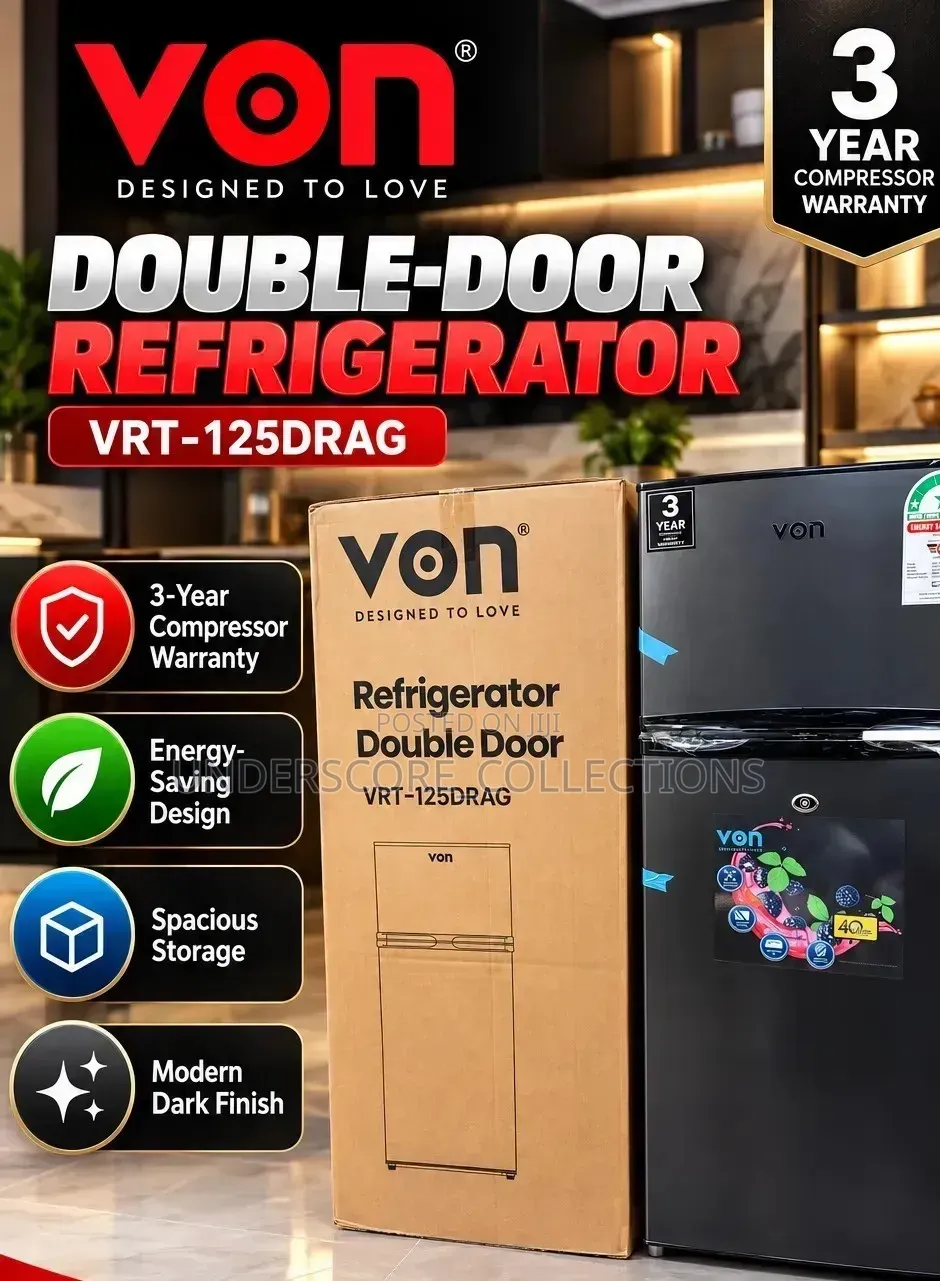 Von Double Door Fridge 125Litres Direct Cooler