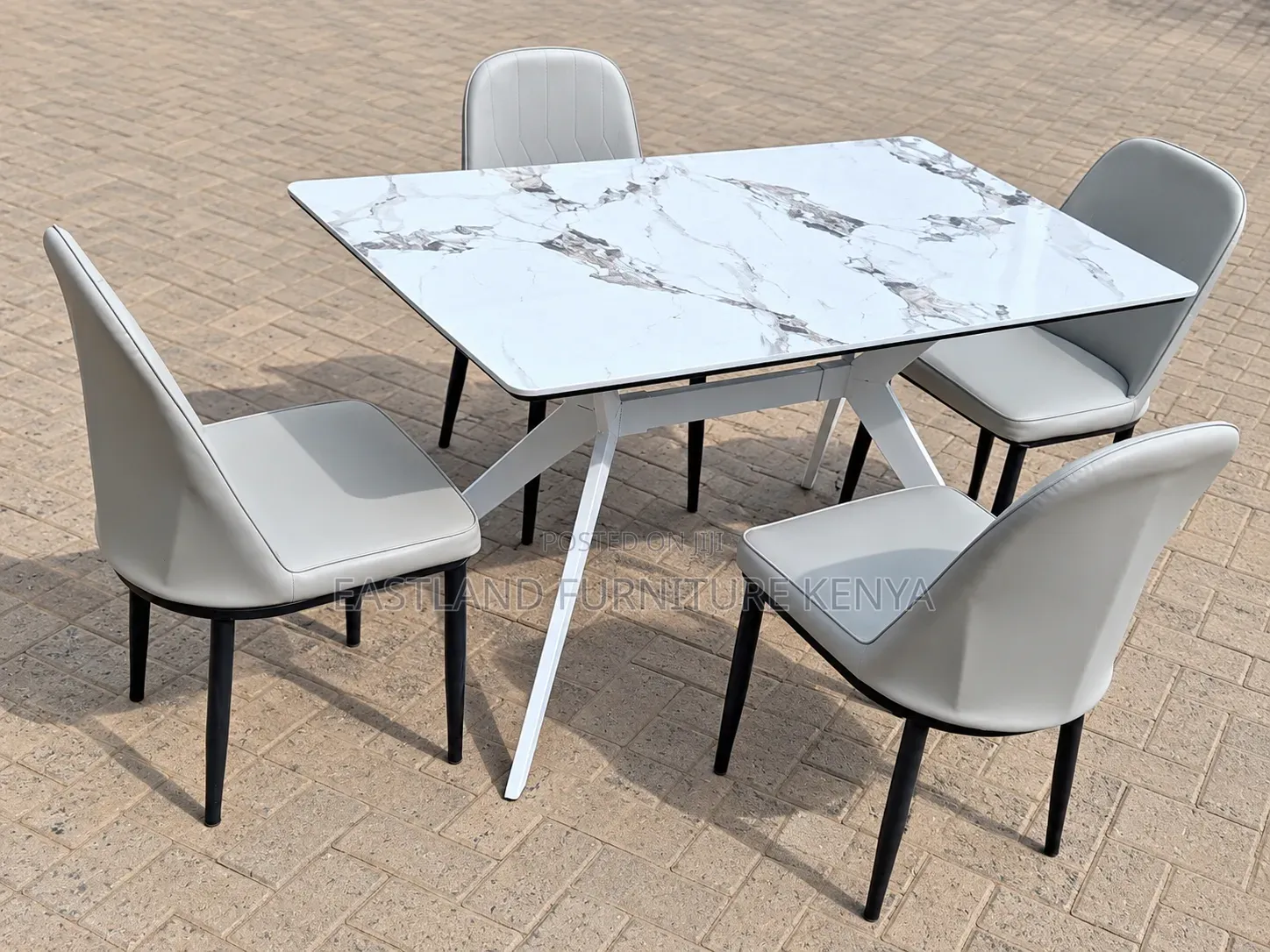 Modern Marble Dining Table Set With 4 Grey Upholstered Chairs