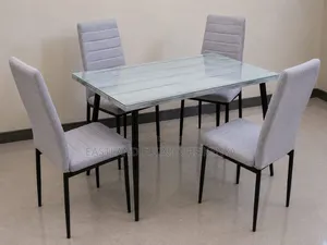 Modern Marble Dining Table Set With 4 Grey Upholstered Chairs