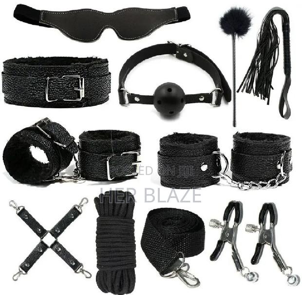 BDSM Kit Faux Fur Smooth Leather Black 10pcs for Women and Couples