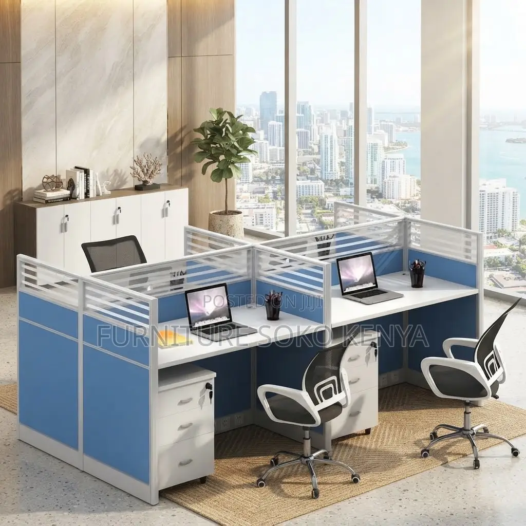 Office Workstations | Four Way Blue Modular Way Office Staff Table