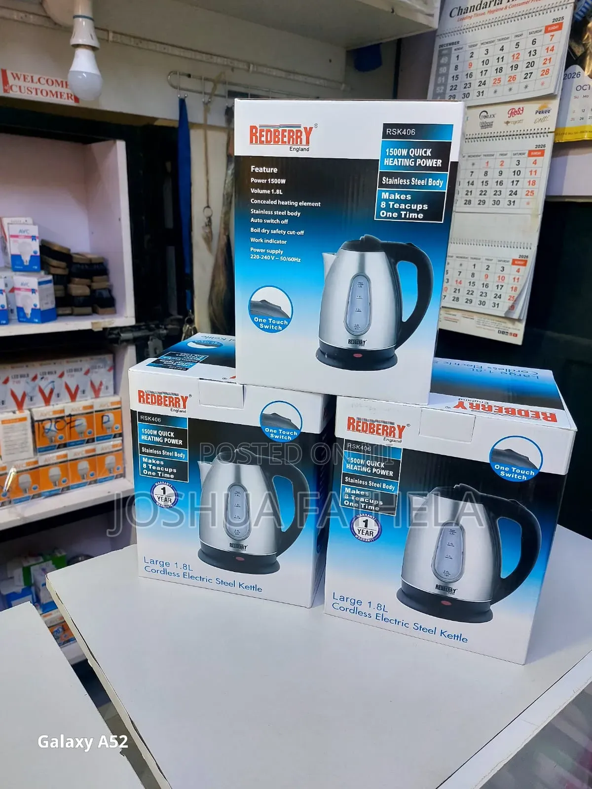 Redberry Large 1.8L Cordless Electric Steel Kettle