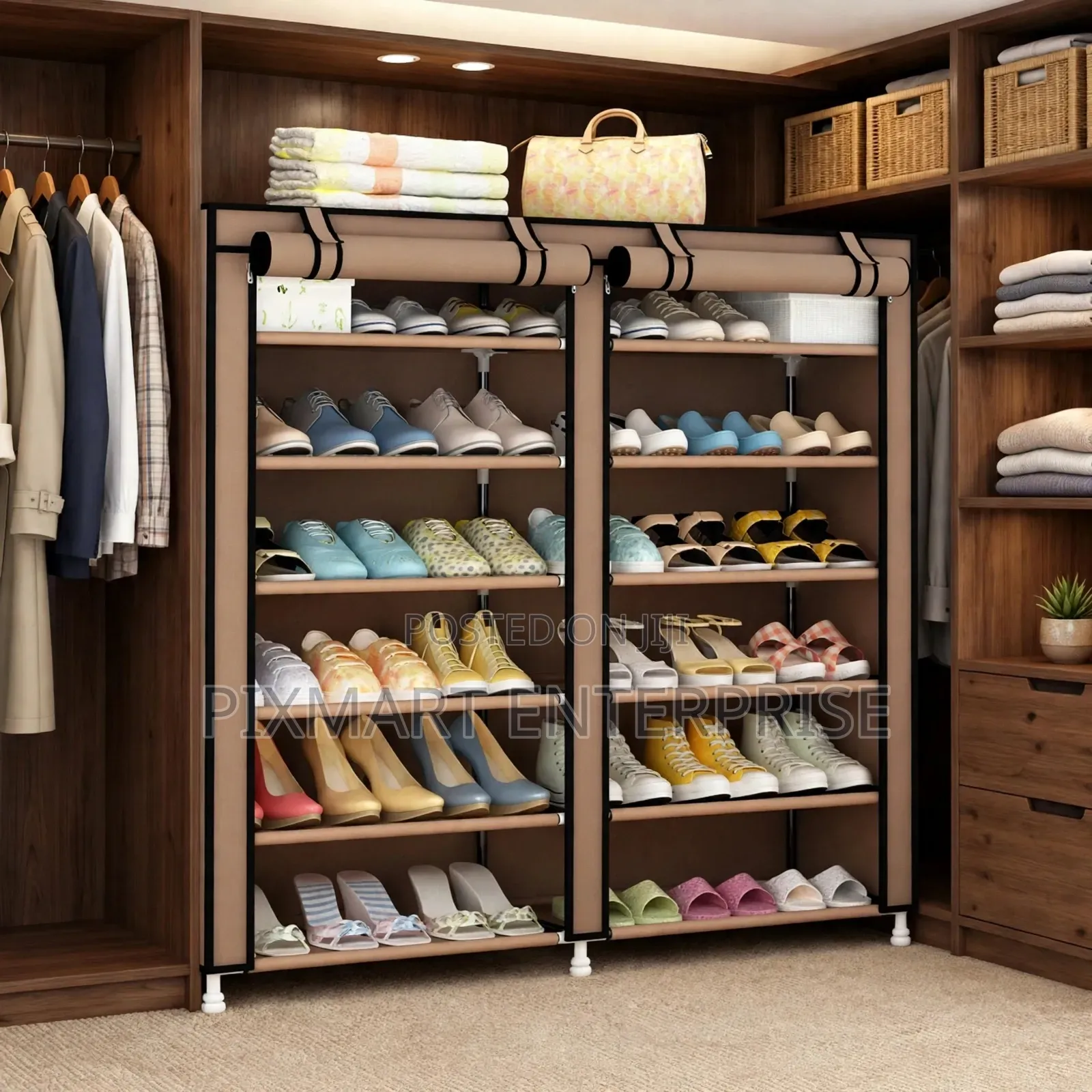 Portable Double Column Shoe Storage Rack With Fabric Cover